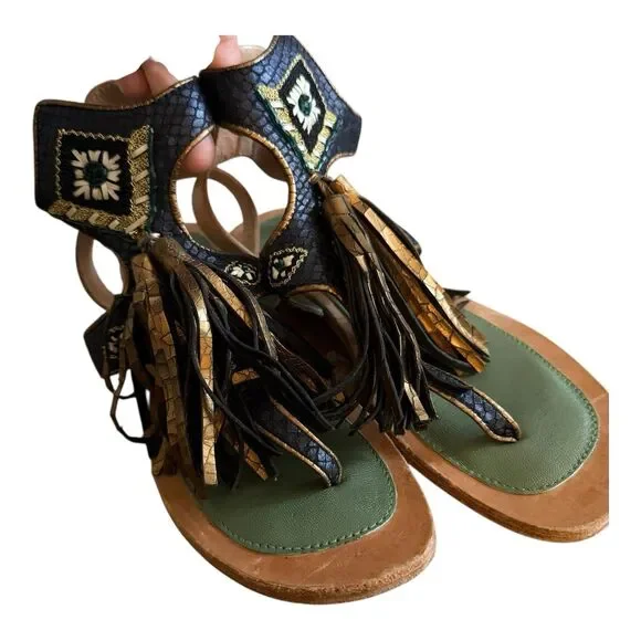 Meher Kakalia Sofia Thong Sandal Sz EU 38 US 7 Leather Tassel Embellished Beaded